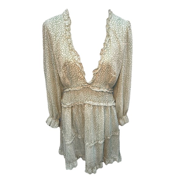 Sundress Women's Dress Large Green Ruffles White Print Open Back Long Sleeves - Picture 2 of 16